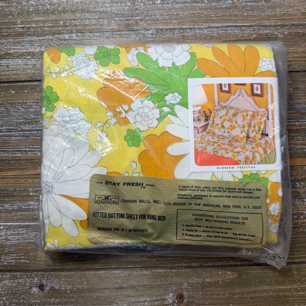 Vintage Cannon Monticello King Fitted Sheet Blossom Festival Retro Floral Yellow